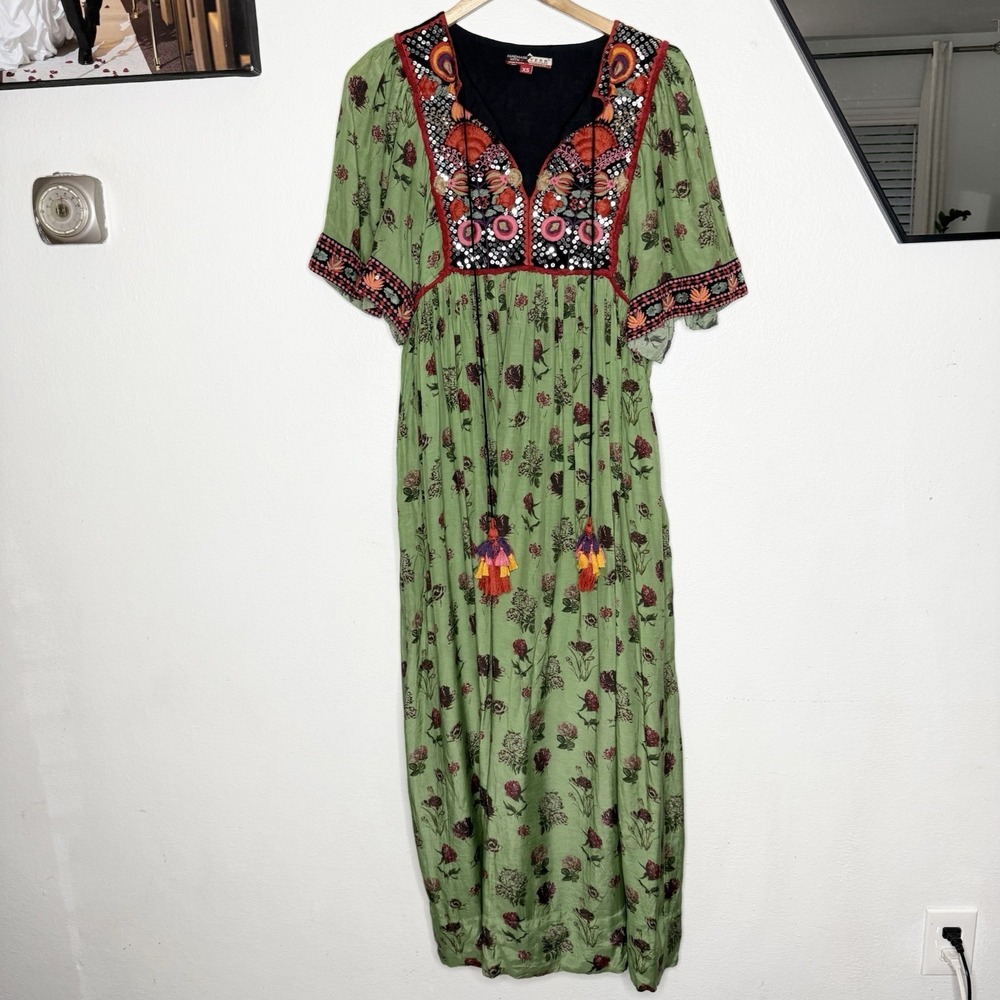 Verb By Pallavi Singhee Basil Embroidered Maxi Dress Tassels Floral Womens XS
